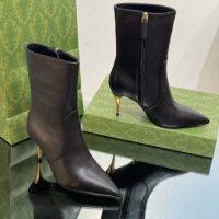 Gucci Women’s Ankle Boot Black Leather Pointed Toe Metal Effect Heel Zip Closure Mid-Heel (5)
