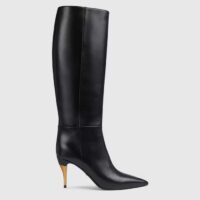 Gucci Women’s Boot Black Leather Pointed Toe Metal Effect Heel Zip Closure Mid-Heel (10)