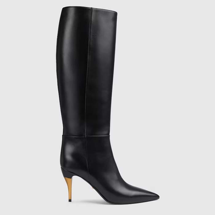 Gucci Women's Boot Black Leather Pointed Toe Metal Effect Heel Zip Closure Mid-Heel