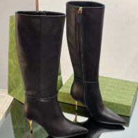Gucci Women’s Boot Black Leather Pointed Toe Metal Effect Heel Zip Closure Mid-Heel (10)