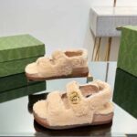 Gucci Women's GG Double G Sandals Beige Merino Wool Double G Rubber Sole Flat - Image 8