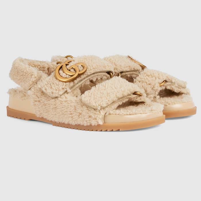 Gucci Women's GG Double G Sandals Beige Merino Wool Double G Rubber Sole Flat