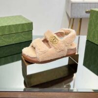 Gucci Women’s GG Double G Sandals Beige Merino Wool Double G Rubber Sole Flat (4)