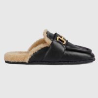 Gucci Women’s GG Mule Horsebit Black Leather Merinos Wool Lining Leather Sole Flat (3)