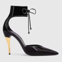 Gucci Women’s High-Heel Patent Pump Black Leather Pointed Toe Ankle Cuff (10)