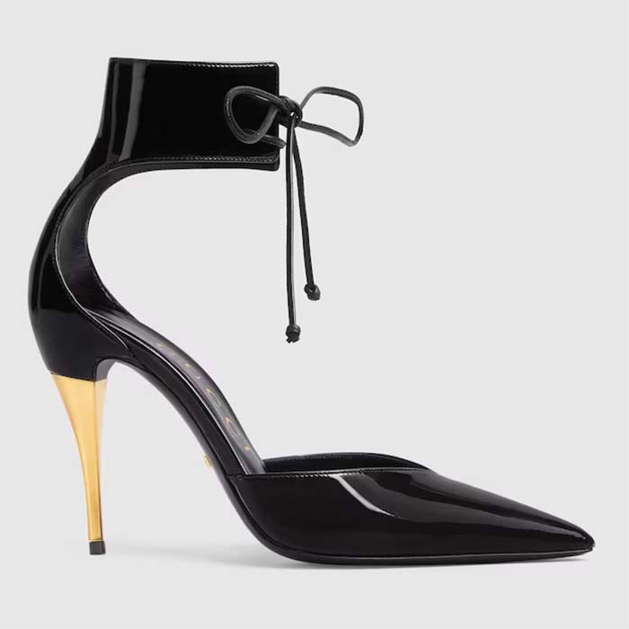 Gucci Women's High-Heel Patent Pump Black Leather Pointed Toe Ankle Cuff