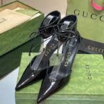 Gucci Women's High-Heel Patent Pump Black Leather Pointed Toe Ankle Cuff - immagine 7
