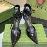 Gucci Women’s High-Heel Patent Pump Black Leather Pointed Toe Ankle Cuff (10)