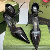 Gucci Women’s High-Heel Patent Pump Black Leather Pointed Toe Ankle Cuff (10)