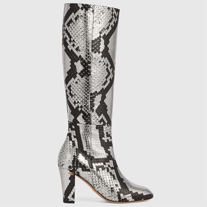Gucci Women's Python Mid-Heel Boot Metallic Silver Leather Sole Double G Detail Side Zip Closure