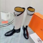 Hermes Women Jumping Boot Black Natural Calfskin Printed H Grey Canvas Black Leather Heel - Imagen 6