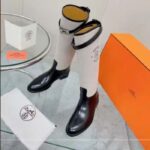 Hermes Women Jumping Boot Black Natural Calfskin Printed H Grey Canvas Black Leather Heel - Imagen 7