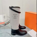 Hermes Women Jumping Boot Black Natural Calfskin Printed H Grey Canvas Black Leather Heel - Imagen 3