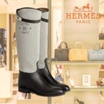 Hermes Women Jumping Boot Black Natural Calfskin Printed H Grey Canvas Black Leather Heel - Imagen 2