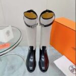 Hermes Women Jumping Boot Black Natural Calfskin Printed H Grey Canvas Black Leather Heel - Imagen 4