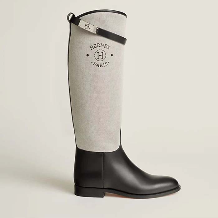 Hermes Women Jumping Boot in Box Calfskin with Iconic “H” Cut-Out-Grey