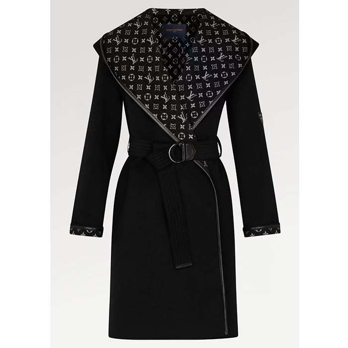 Louis Vuitton LV Women Hooded Wrap Coat Wool Silk Black White Regular Fit