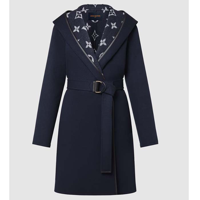 Louis Vuitton LV Women Signature Hooded Wrap Coat Wool Silk Night Blue Regular Fit