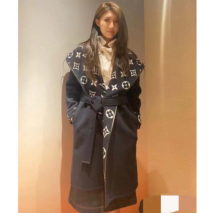 Louis Vuitton LV Women Signature Hooded Wrap Coat Wool Silk Night Blue Regular Fit