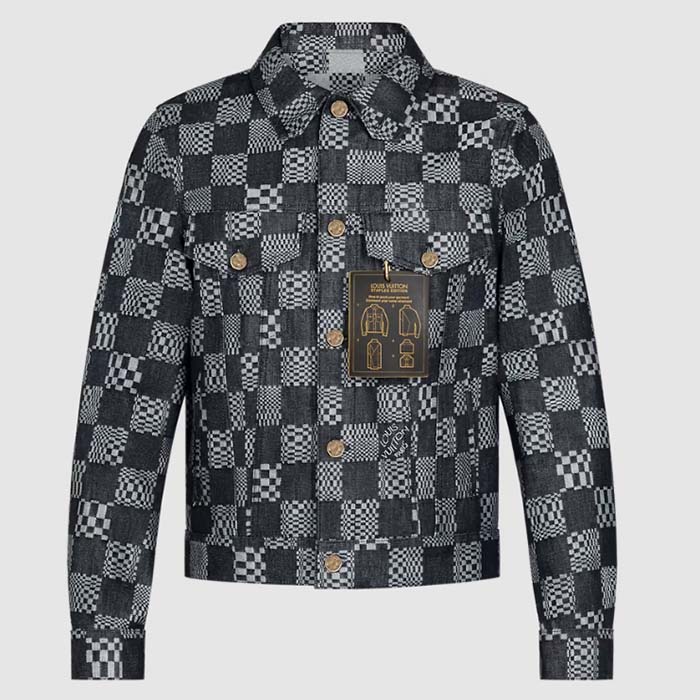 Louis Vuitton Men LV Distorted Damier Denim Jacket Cotton Indigo Blue Regular Fit