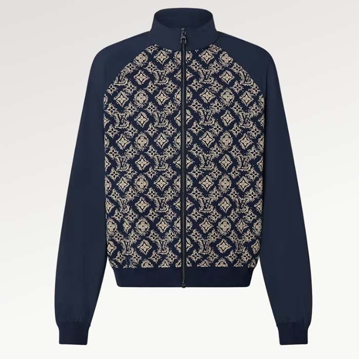 Louis Vuitton Men LV Technical Cotton Zipped Track Top Regular Fit Monogram Sand Jacquard High Jersey Collar