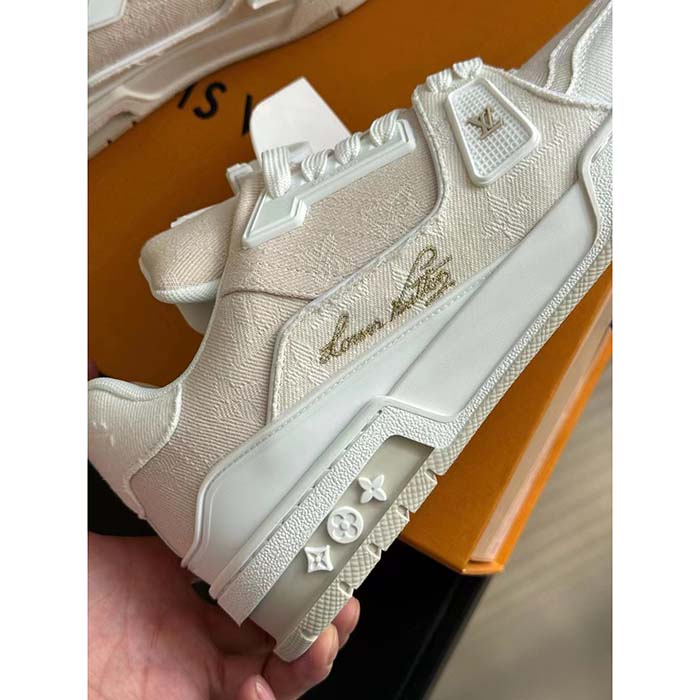 Louis Vuitton Unisex LV Trainer Sneaker Beige Monogram Denim Rubber Outsole Monogram Flowers