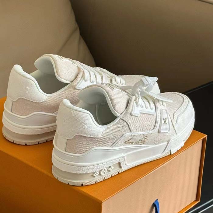 Louis Vuitton Unisex LV Trainer Sneaker Beige Monogram Denim Rubber Outsole Monogram Flowers