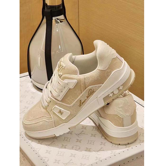 Louis Vuitton Unisex LV Trainer Sneaker Beige Monogram Denim Rubber Outsole Monogram Flowers