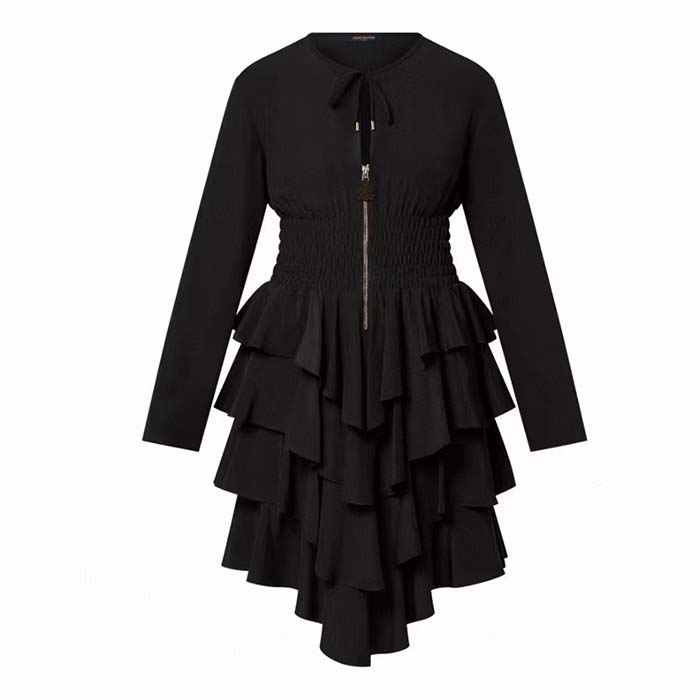 Louis Vuitton Women LV Long-Sleeved Tiered Dress Silk Viscose Elastane Black Regular Fit