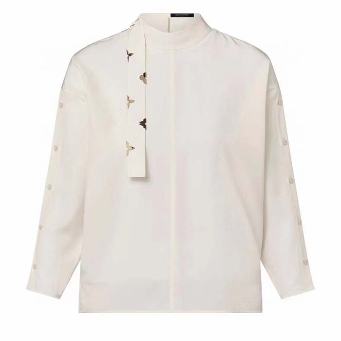 Louis Vuitton Women LV Monogram Lavaliere Button Sleeve Blouse White Silk Regular Fit