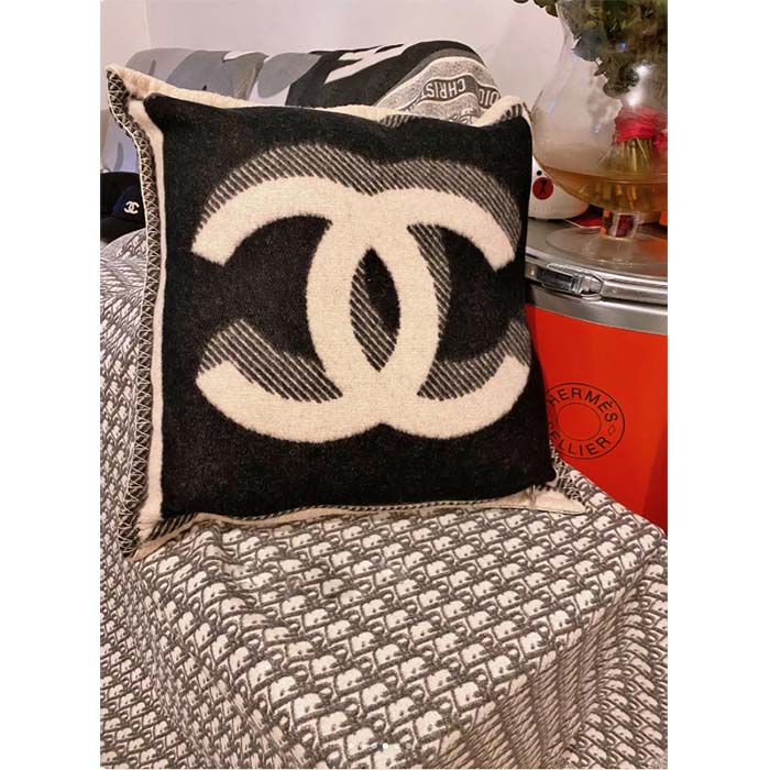 Chanel Unisex CC Pillow Cotton Wool Tweed Beige Black Multifunction (1)