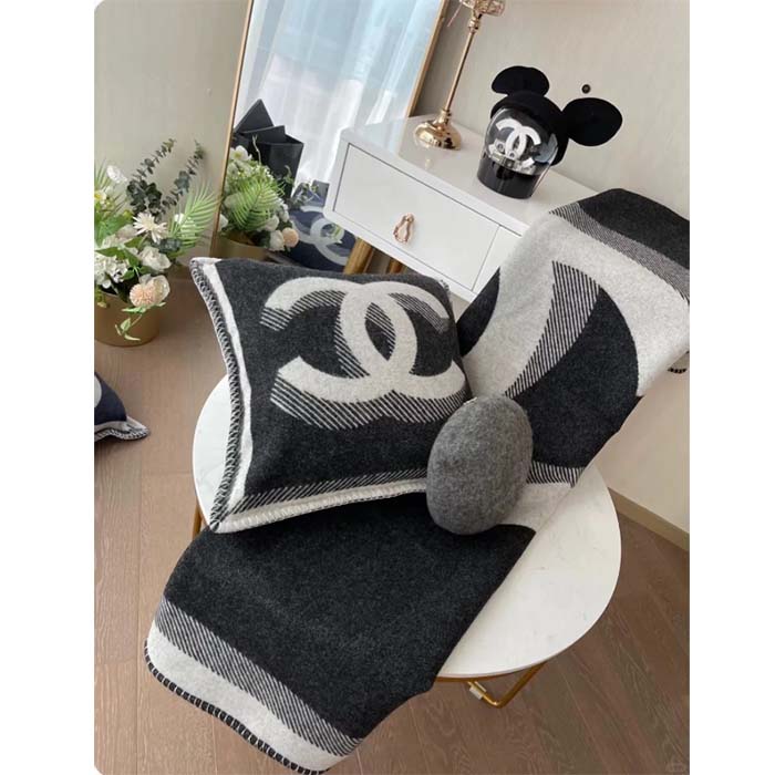 Chanel Unisex CC Pillow Cotton Wool Tweed Beige Black Multifunction (2)