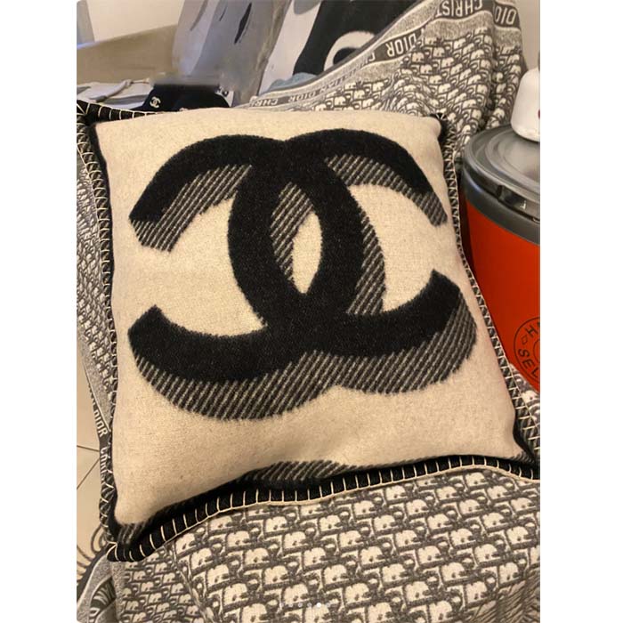 Chanel Unisex CC Pillow Cotton Wool Tweed Beige Black Multifunction (3)