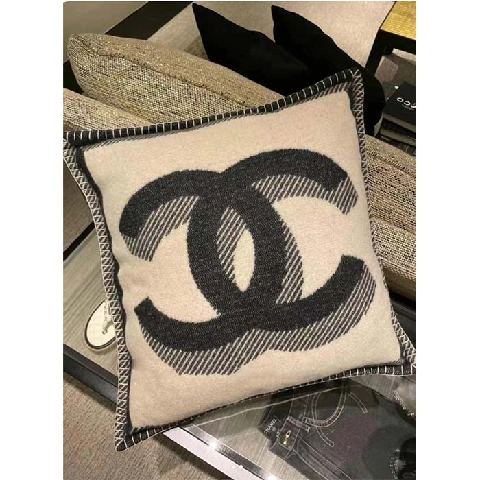 Chanel Unisex CC Pillow Cotton Wool Tweed Beige Black Multifunction (4)