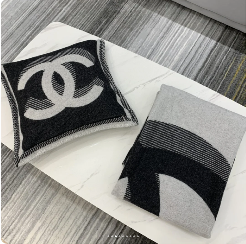 Chanel Unisex CC Pillow Cotton Wool Tweed Beige Black Multifunction (6)