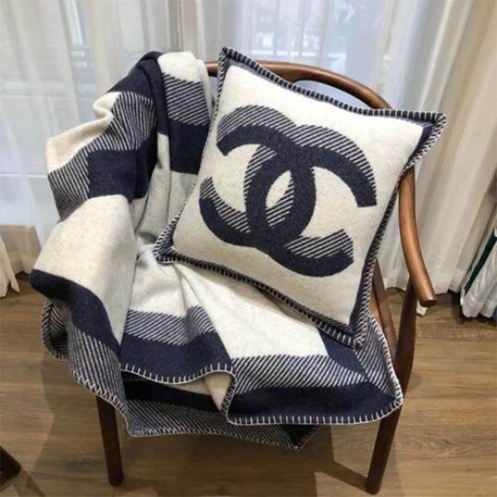Chanel Unisex CC Pillow Cotton Wool Tweed Beige Navy Multifunction (2)