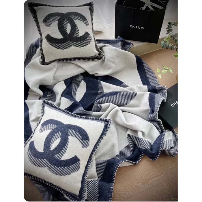 Chanel Unisex CC Pillow Cotton Wool Tweed Beige Navy Multifunction (8)