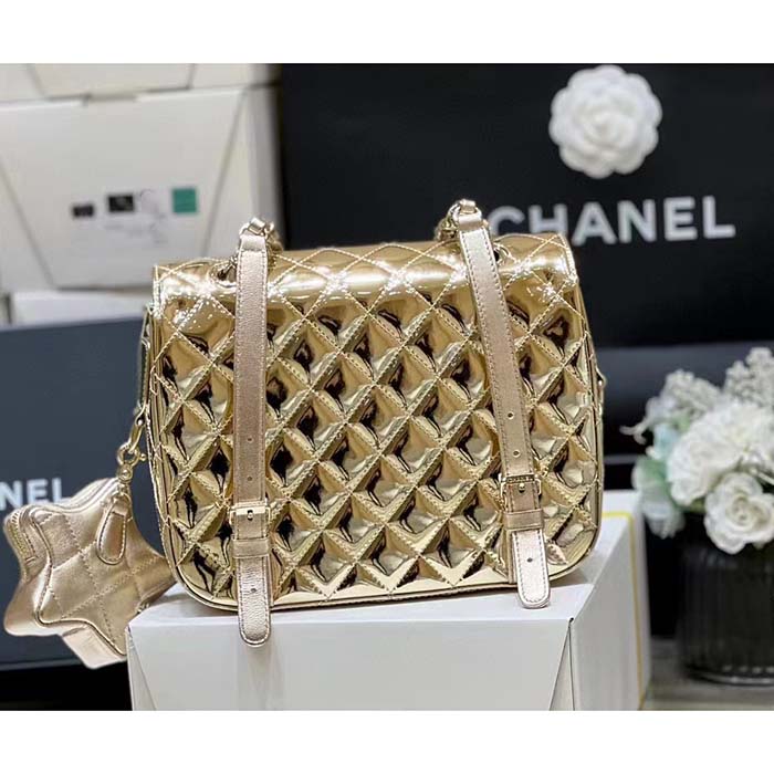 Chanel Women CC Backpack Star Coin Purse Mirror Calfskin Metallic Calfskin Gold-Tone Metal