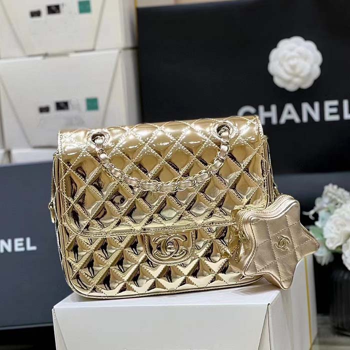 Chanel Women CC Backpack Star Coin Purse Mirror Calfskin Metallic Calfskin Gold-Tone Metal