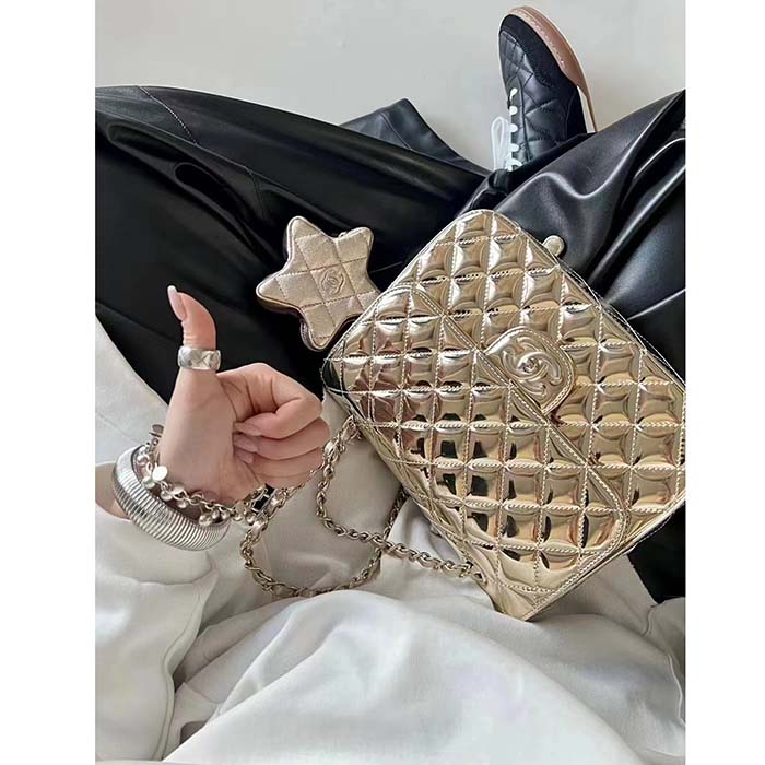 Chanel Women CC Backpack Star Coin Purse Mirror Calfskin Metallic Calfskin Gold-Tone Metal