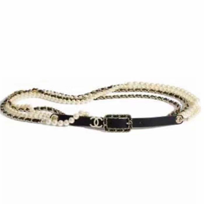 Chanel Women CC Belt Gold Metal Resin Glass Pearls Strass Black Calfskin Leather