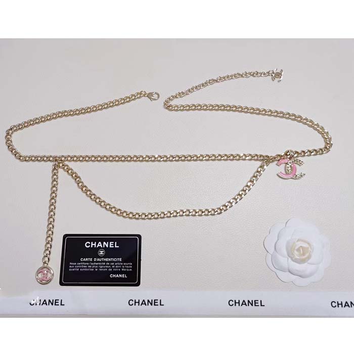 Chanel Women CC Belt Gold Tone Metal Pink Chanel Logo
