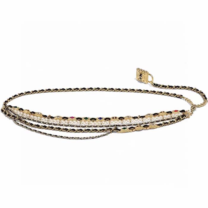 Chanel Women CC Chain Belt Gold Metal Resin Glass Pearls Strass Muticolor Diamonds Black Calfskin Leather