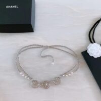 Chanel Women CC Chain Belt Metal Glass Pearls Imitation Pearls Strass Silver Pearly White Crystal (9)