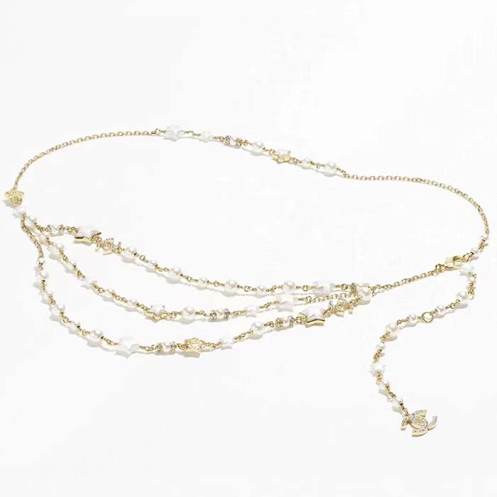 Chanel Women CC Chain Belt Metal Resin Glass Pearls Strass Gold Pearly White Crystal