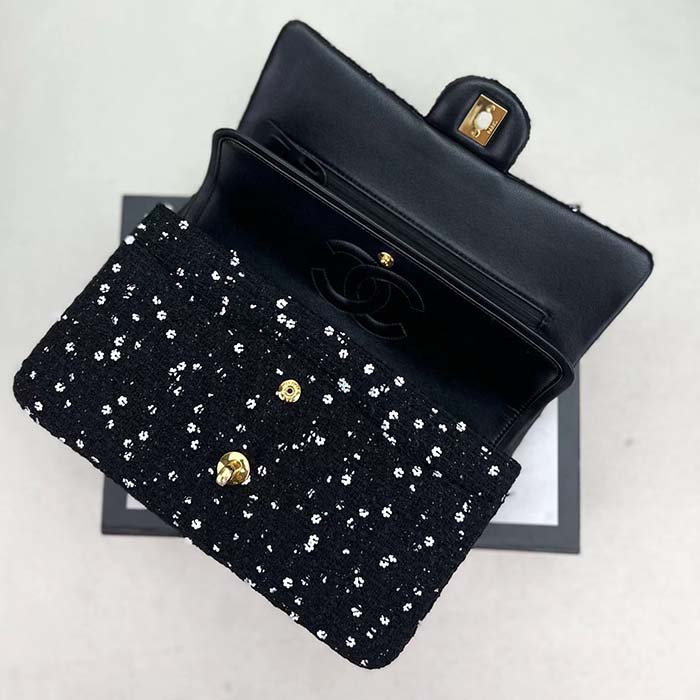 Chanel Women CC Flap Bag Strass Sequins Gold-Tone Metal Black White