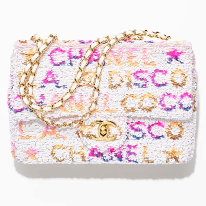 Chanel Women CC Small Flap Bag Sequins Gold-Tone Metal White Yellow Pink Blue