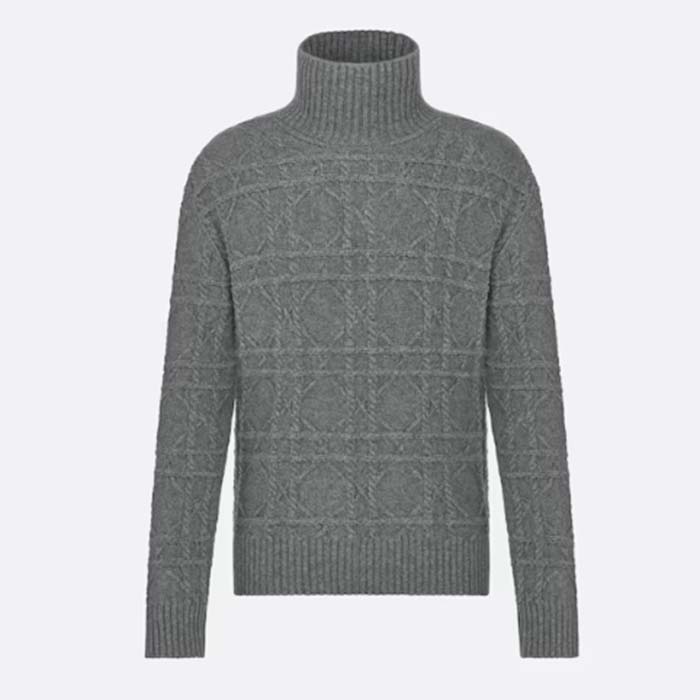 Dior Men CD Dior Icons Sweater Gray Cashmere Knit Stand Collar All-Over Cannage Motif