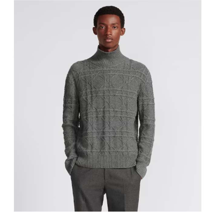 Dior Men CD Dior Icons Sweater Gray Cashmere Knit Stand Collar All-Over Cannage Motif