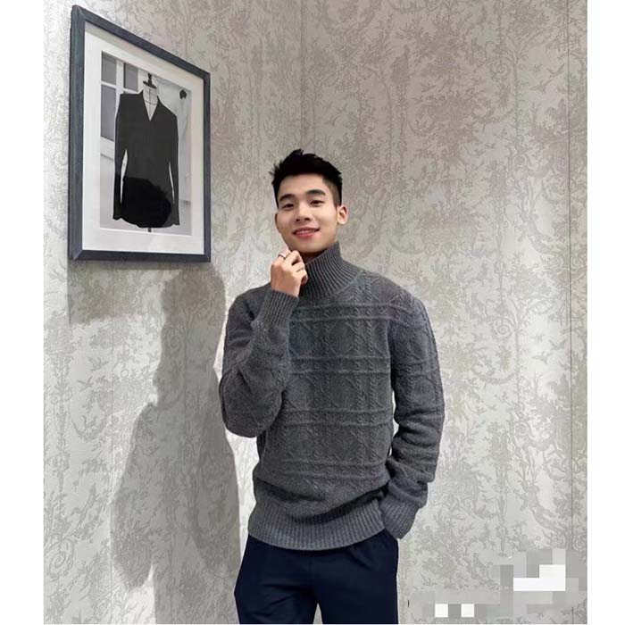 Dior Men CD Dior Icons Sweater Gray Cashmere Knit Stand Collar All-Over Cannage Motif